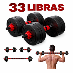 Kit de pesas 33 libras con barra y mancuernas
